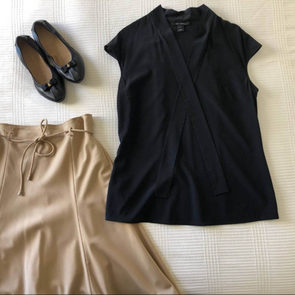 St. John Silk Blend Cap Sleeve Blouse with Neck Tie Detail in Black